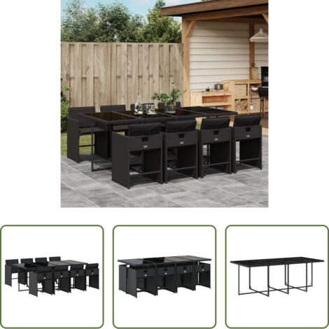 Sedie da giardino -  Set da Pranzo da Giardino 9 pz con Cuscini Nero in Polyrattan