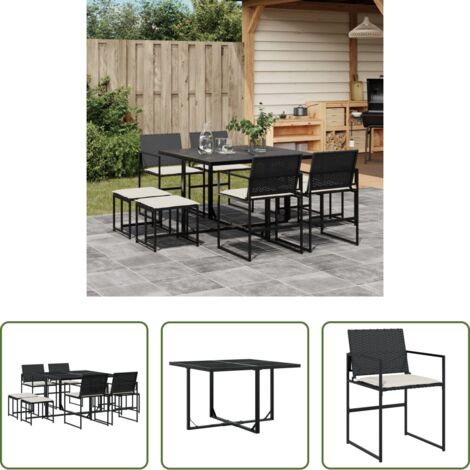 Sedie da giardino -  Set da Pranzo da Giardino 9 pz con Cuscini Nero in Polyrattan