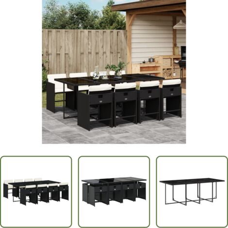 Sedie da giardino -  Set da Pranzo da Giardino 9 pz con Cuscini Nero in Polyrattan
