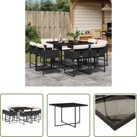 Sedie da giardino -  Set da Pranzo da Giardino 9 pz con Cuscini Nero in Polyrattan