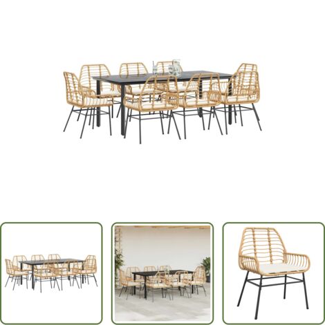 Sedie da giardino -  Set da Pranzo da Giardino 9 pz con Cuscini Polyrattan Vetro