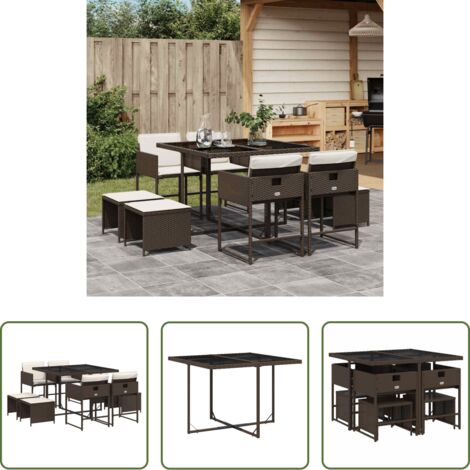 Sedie da giardino -  Set da Pranzo da Giardino 9pz con Cuscini Marrone in Polyrattan
