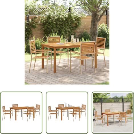 Sedie da giardino -  Set da Pranzo per Giardino 5 pcs Beige Legno di Acacia Massello