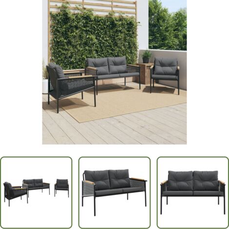 Sedie da giardino -  Set Mobili da Balcone 3 pz con Cuscini Nero in Acciaio