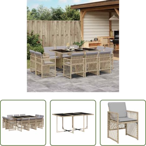 Sedie da giardino -  Set Pranzo da Giardino 11 pz con Cuscini Beige Misto Polyrattan