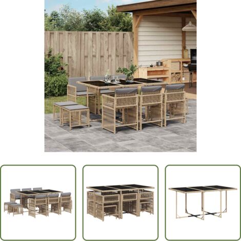 Sedie da giardino -  Set Pranzo da Giardino 11 pz con Cuscini Beige Misto Polyrattan
