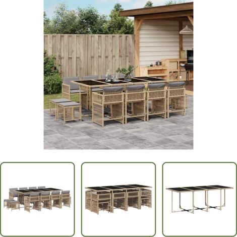 Sedie da giardino -  Set Pranzo da Giardino 13 pz con Cuscini Beige Misto Polyrattan