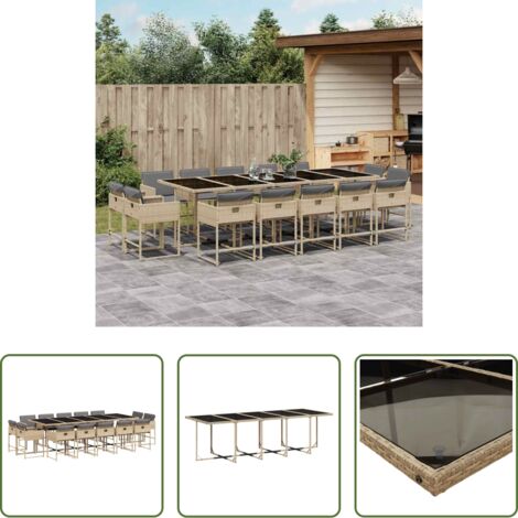 Sedie da giardino -  Set Pranzo da Giardino 15 pz con Cuscini Beige Misto Polyrattan