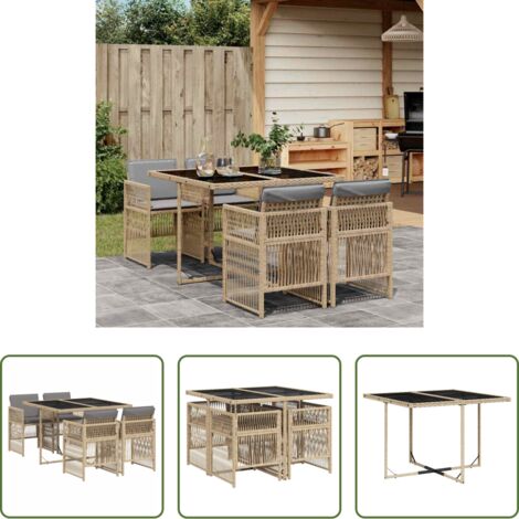 Sedie da giardino -  Set Pranzo da Giardino 5 pz con Cuscini Beige Misto Polyrattan