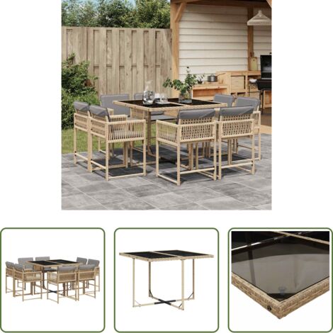 Sedie da giardino -  Set Pranzo da Giardino 9 pz con Cuscini Beige Misto Polyrattan