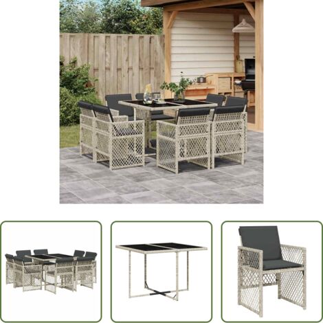 Sedie da giardino -  Set Pranzo da Giardino 9pz con Cuscini Grigio Chiaro Polyrattan