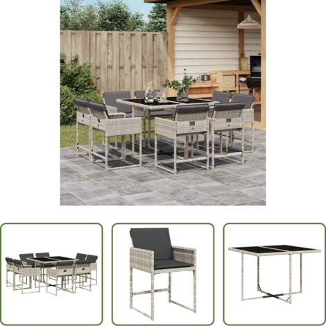 Sedie da giardino -  Set Pranzo da Giardino 9pz con Cuscini Grigio Chiaro Polyrattan
