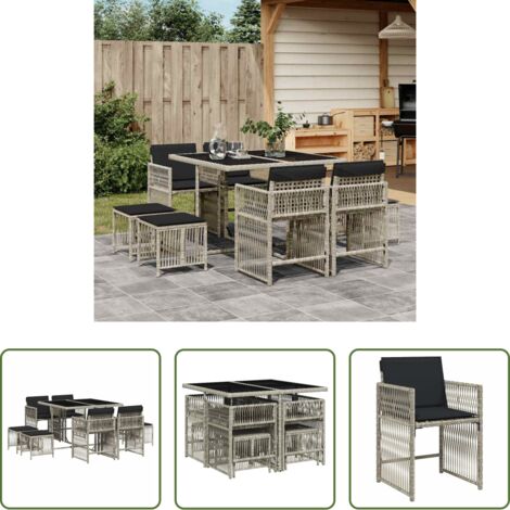 Sedie da giardino -  Set Pranzo da Giardino 9pz con Cuscini Grigio Chiaro Polyrattan