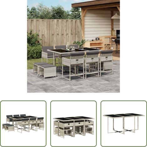 Sedie da giardino -  Set Pranzo Giardino 11pz con Cuscini Grigio Chiaro Polyrattan