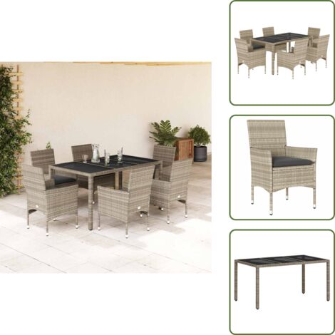 Sedie da giardino - vidaXL Set Pranzo Giardino 7 pz Cuscini Grigio Chiaro Polyrattan Vetro - Cuscini sfoderabili