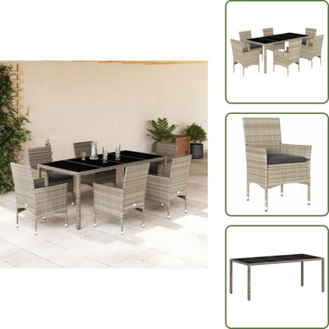 Sedie da giardino - vidaXL Set Pranzo Giardino 7 pz Cuscini Grigio Chiaro Polyrattan Vetro - Rattan PE
