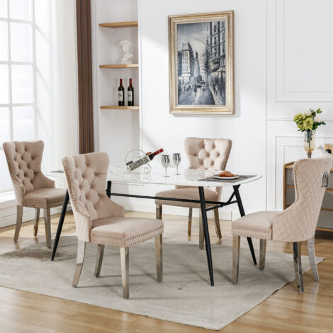 Sedie da pranzo con batacchio, design a bottone, gambe in metallo, velluto, beige, 4pz