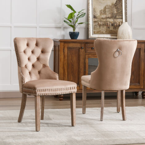 Sedie da pranzo con battente, sedia da cucina, rifiniture con borchie, velluto, gambe in legno - 2 pezzi, marrone chiaro