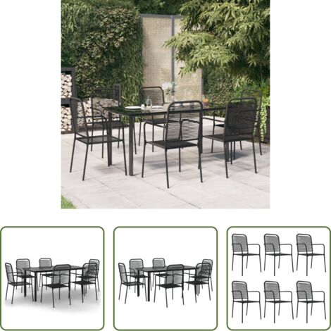 Sedie da pranzo da esterno -  Set da Pranzo da Giardino 7 pz Nero Corda di Cotone e Acciaio