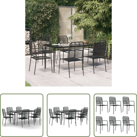 Sedie da pranzo da esterno -  Set da Pranzo da Giardino 7 pz Nero Corda di Cotone e Acciaio