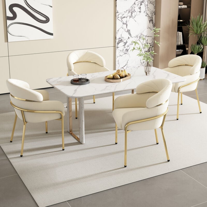 Image of Sedie da pranzo Set di 4 sedie da pranzo leggere e di lusso per soggiorno, camera da letto, tempo libero, quattro gambe in metallo, velluto beige