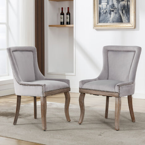Sedie da pranzo, gambe in legno, velluto, rifiniture con borchie, sedia da soggiorno, grigio, 2 pz.