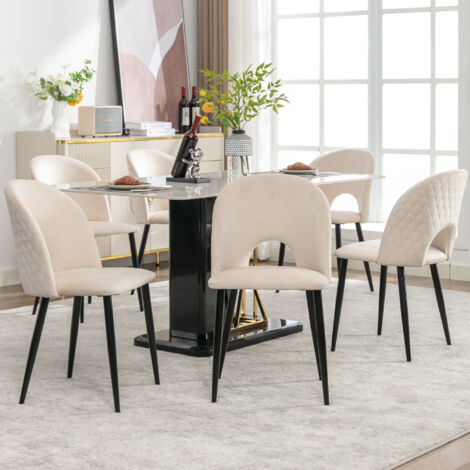 Sedie da pranzo, gambe in metallo regolabili, schienale con motivo a rombi, velluto, per soggiorno/cucina/camera da letto, velluto, beige, 6 pezzi