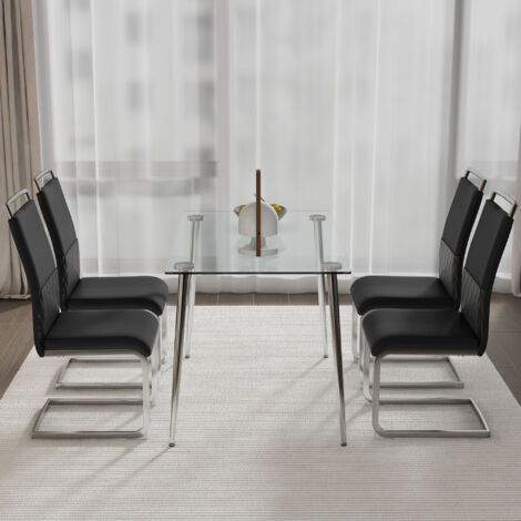 Sedie da pranzo, sedie da ufficio, sedia da soggiorno, design a strisce orizzontali, PU+lino+metallo, nero, 4pz