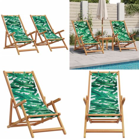 Sedie da Spiaggia Pieghevoli 2 pz Motivo Foglie Tessuto e Legno - Sedie da giardino - Sedie pieghevoli