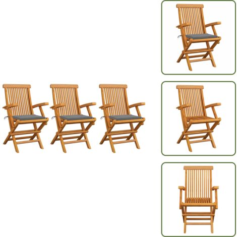 Sedie da terrazza - vidaXL Sedie da Giardino con Cuscini Grigi 3pz Legno Massello di Teak - Sedie da patio