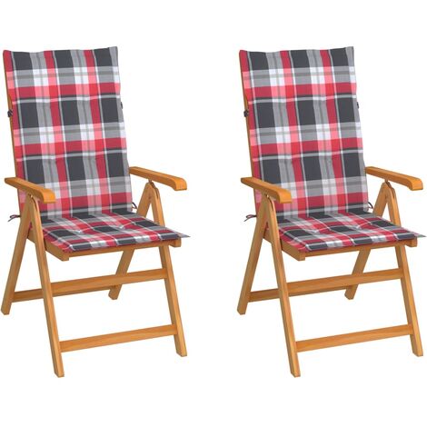 Sedie Giardino 2 pz con Cuscino Rosso a Quadri Massello di Teak