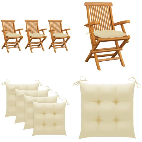 Sedie Giardino 3pz con Cuscini Bianco Crema Legno Massello Teak - Sedie in legno - Sedie pieghevoli