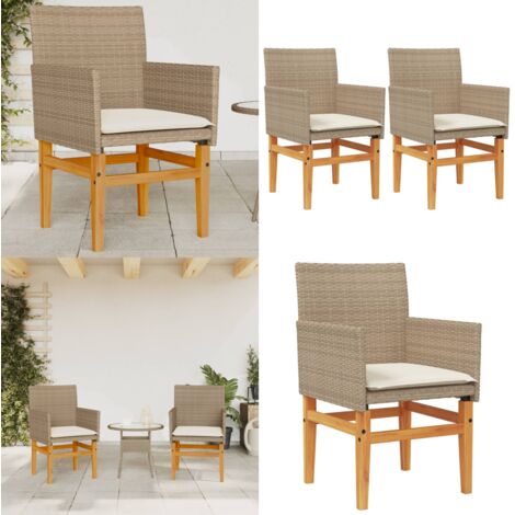 Sedie Giardino con Cuscini 2 pz Beige Polyrattan Legno Massello - Cuscini per sedie - Sedie da esterno