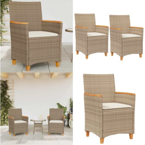Sedie Giardino con Cuscini 2 pz Beige Polyrattan Legno Massello - Sedie da esterno - Cuscini per sedie