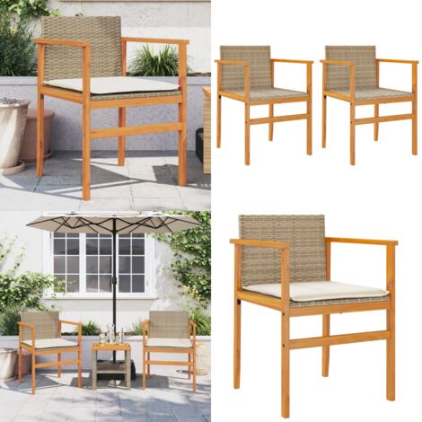 Sedie Giardino con Cuscini 2 pz Beige Polyrattan Legno Massello - Sedie da esterno - Sedie con cuscini