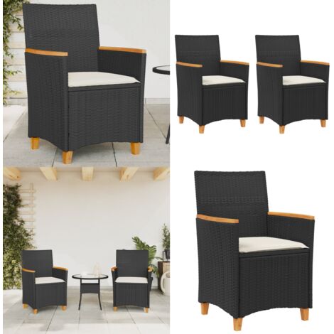 Sedie Giardino con Cuscini 2pz Nere Polyrattan e Legno Massello - Sedie da esterno - Sedie in rattan