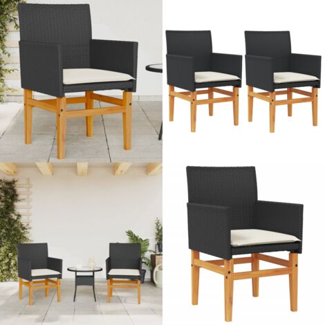 Sedie Giardino con Cuscini 2pz Nere Polyrattan e Legno Massello - Sedie da esterno - Sedie in rattan