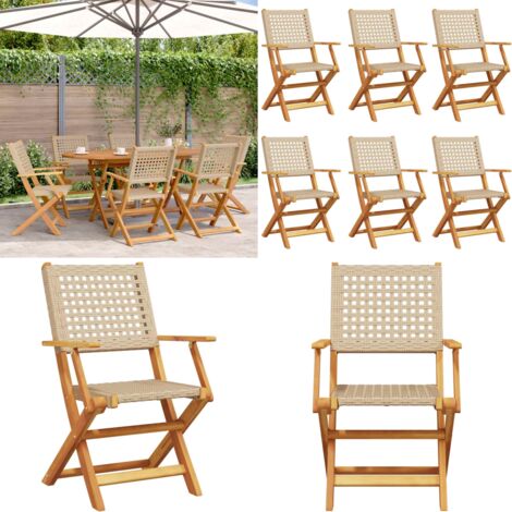 Sedie Giardino Pieghevoli 6pz Beige Polyrattan e Legno Massello - Sedie da esterno - Sedie in rattan