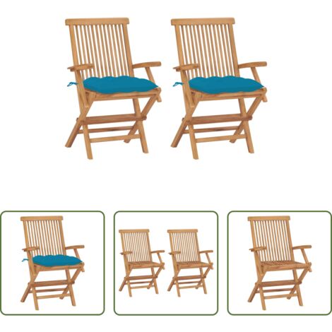 Sedie in legno -  Sedie da Giardino 2 pz con Cuscini Azzurri Legno Massello Teak