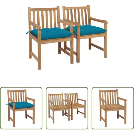 Sedie in legno -  Sedie da Giardino 2 pz con Cuscini Azzurro in Massello di Teak