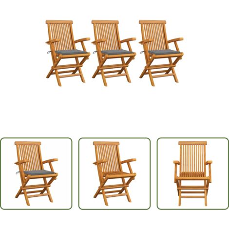 Sedie in legno -  Sedie da Giardino con Cuscini Grigi 3pz Legno Massello di Teak