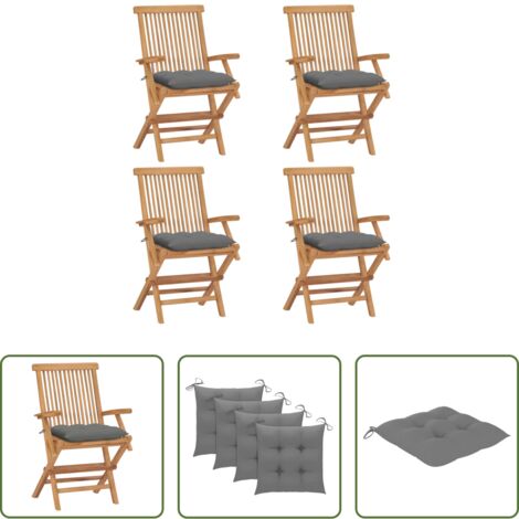 Sedie in legno -  Sedie da Giardino con Cuscini Grigi 4 pz Legno Massello di Teak