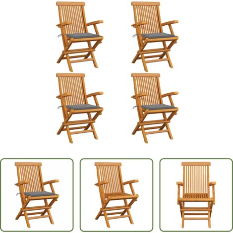 Sedie in legno -  Sedie da Giardino con Cuscini Grigi 4pz Legno Massello di Teak