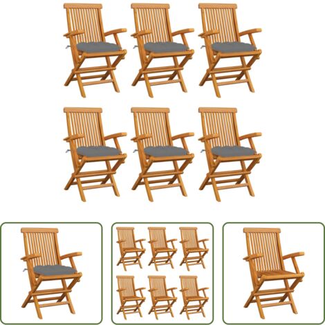 Sedie in legno -  Sedie da Giardino con Cuscini Grigi 6 pz Legno Massello di Teak