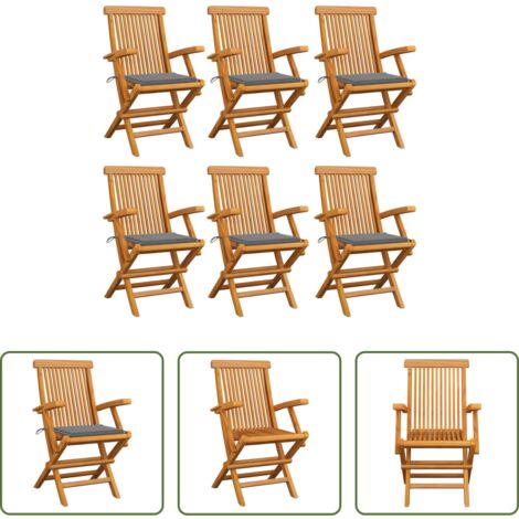 Sedie in legno -  Sedie da Giardino con Cuscini Grigi 6 pz Legno Massello di Teak
