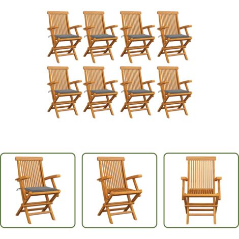 Sedie in legno -  Sedie da Giardino con Cuscini Grigi 8 pz Legno Massello di Teak