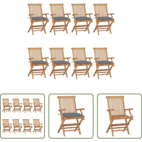 Sedie in legno -  Sedie da Giardino con Cuscini Grigi 8pz Legno Massello di Teak