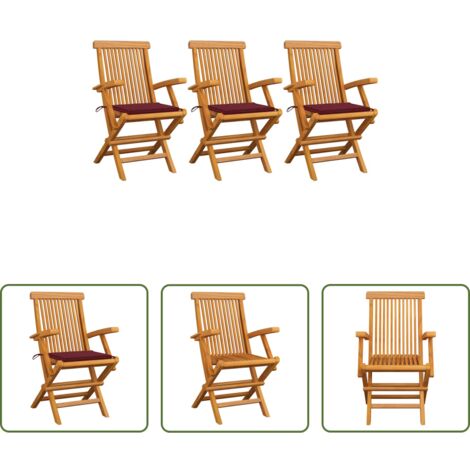 Sedie in legno -  Sedie Giardino con Cuscini Rosso Vino 3 pz Legno Massello Teak