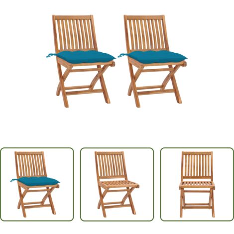 Sedie pieghevoli -  Sedie da Giardino 2 pz con Cuscini Azzurro in Massello di Teak