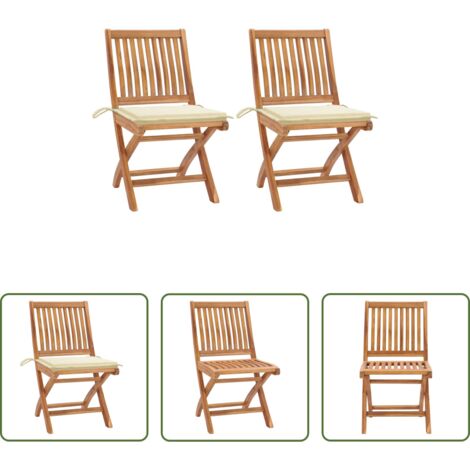 Sedie pieghevoli -  Sedie da Giardino 2 pz con Cuscini Crema in Massello di Teak